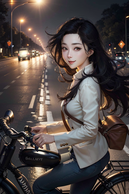 00304-38445703-1 woman, with flowing long hair, looking ahead, riding an armored bicycle, galloping along the highway at night, with street lig.png